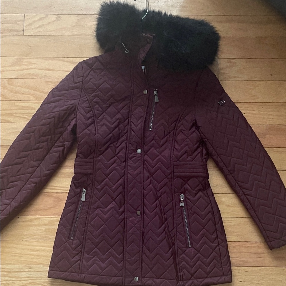 Calvin Klein Burgundy Quilted Puffer with Faux Fur Hood